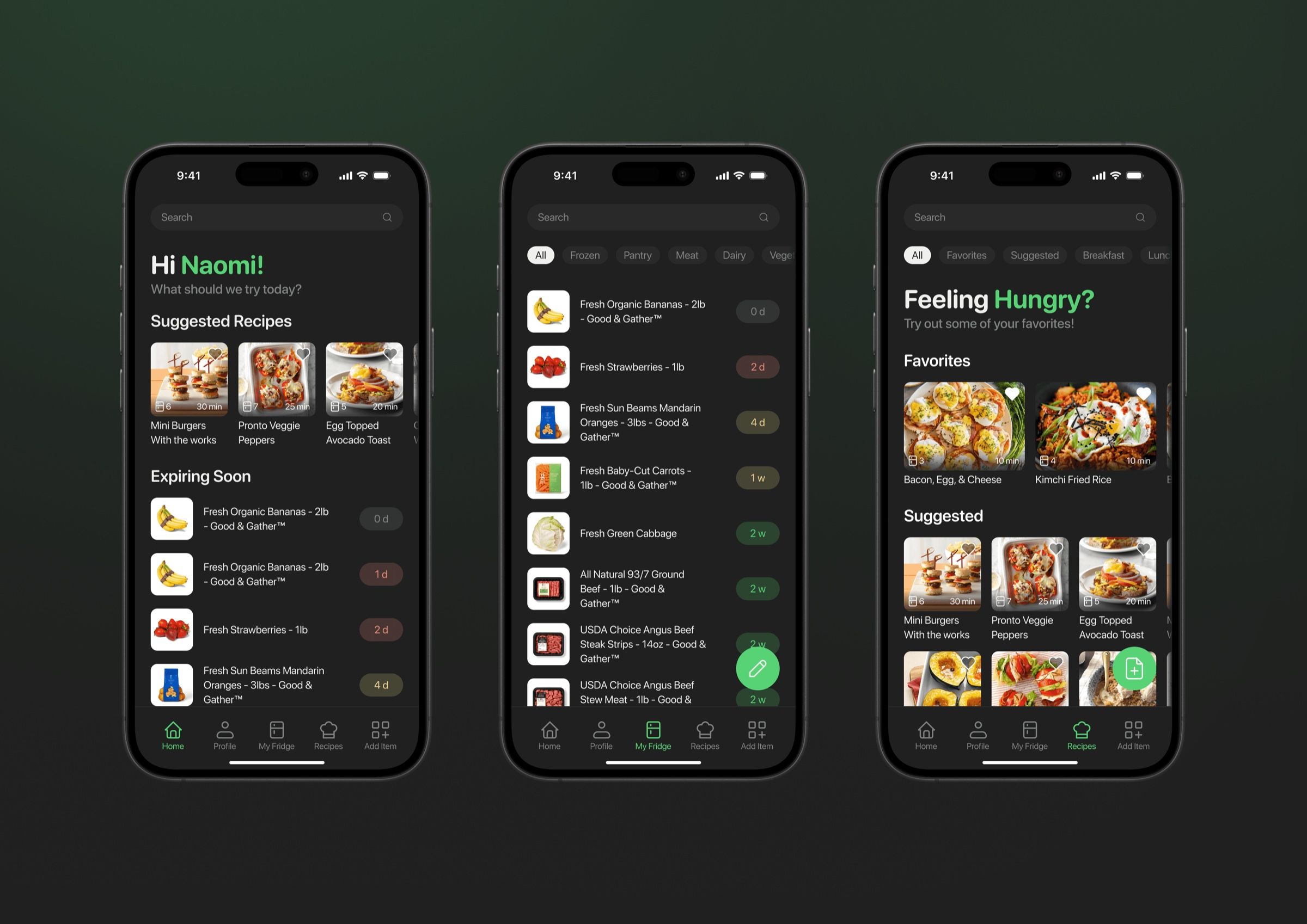 Three Fridgy app screens showing suggested recipes and groceries that are expiring soon
