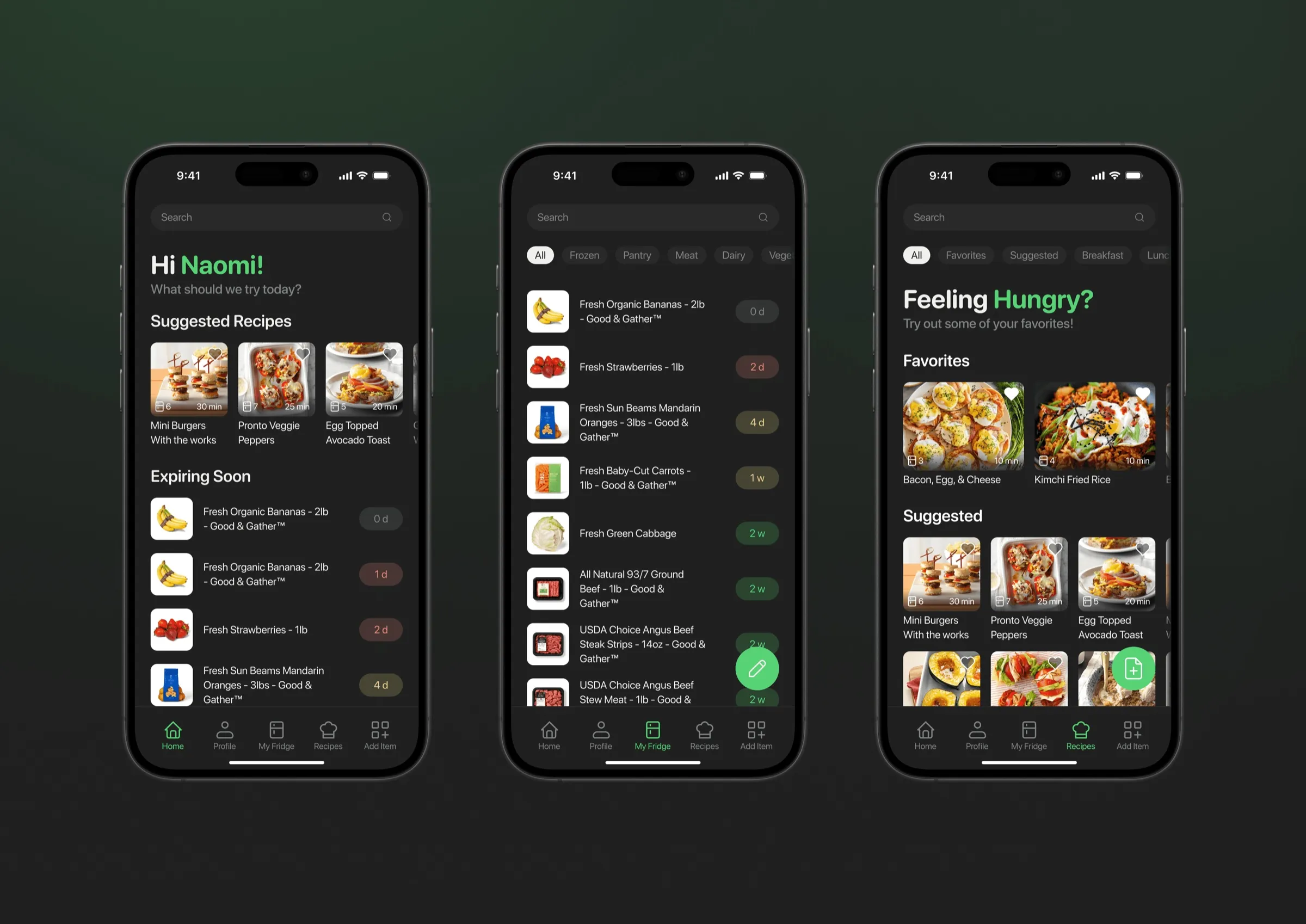 Three Fridgy app screens showing suggested recipes and groceries that are expiring soon
