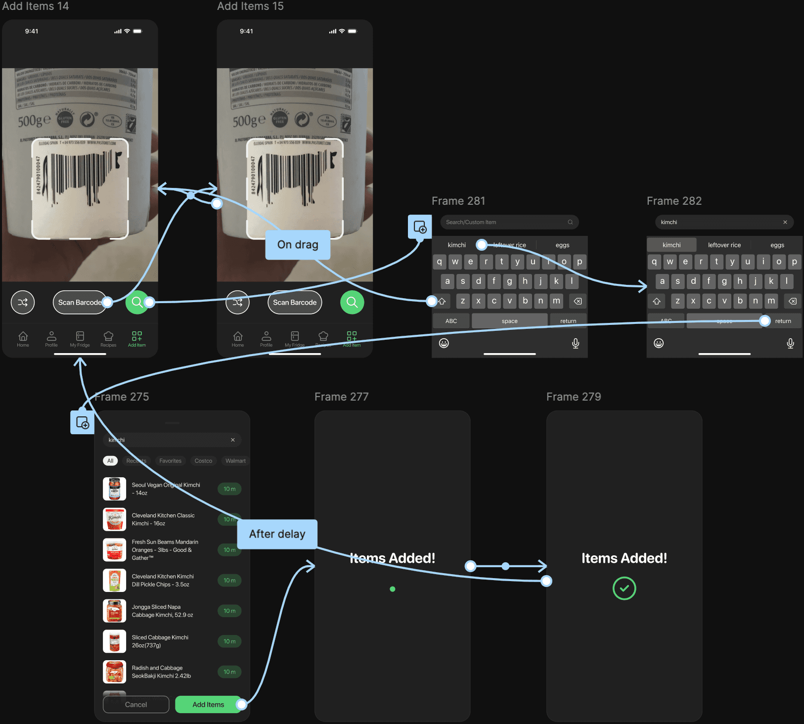 Figma prototype flow for scanning a barcode and adding a custom item
