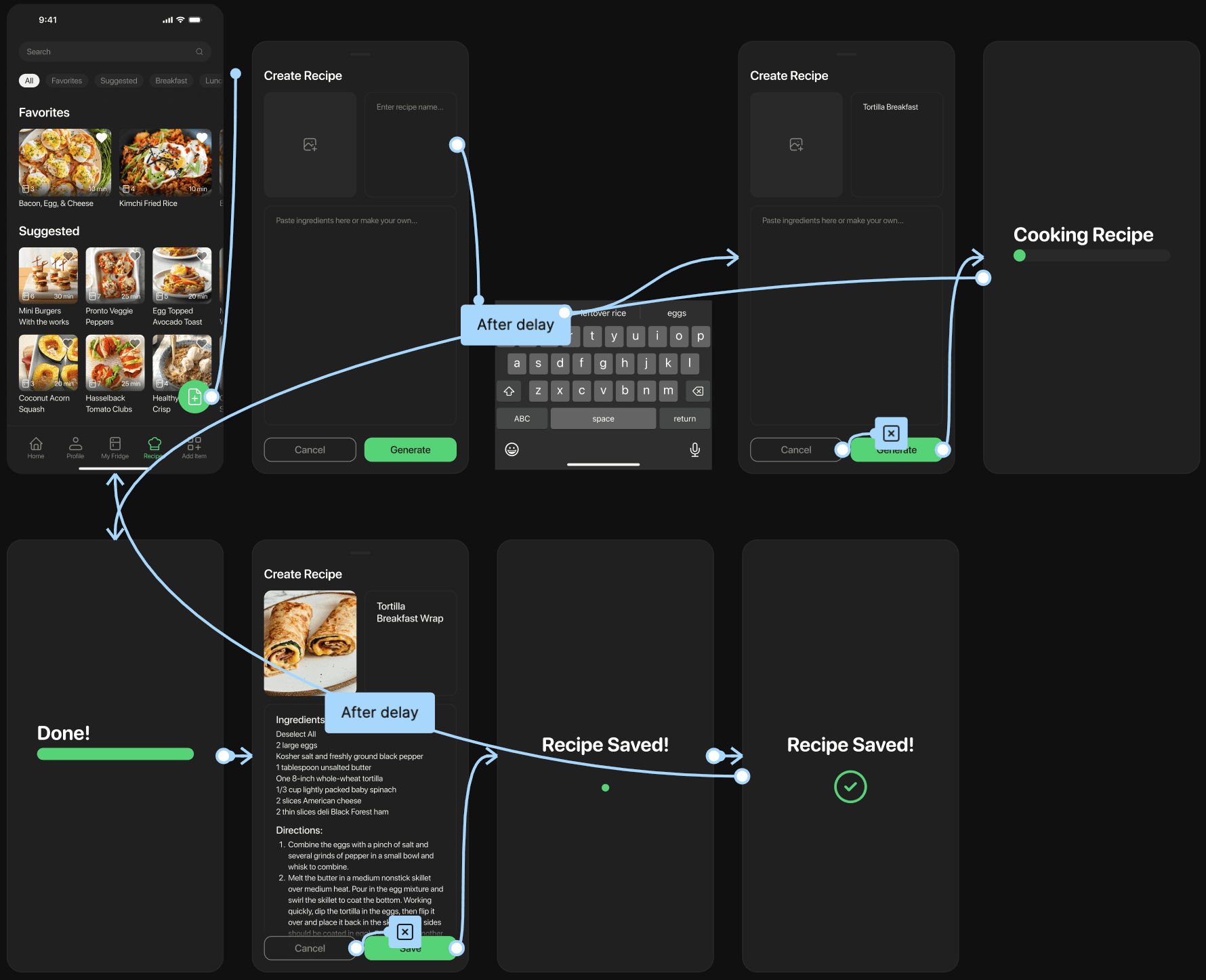 Figma prototype flow for creating and saving a custom recipe