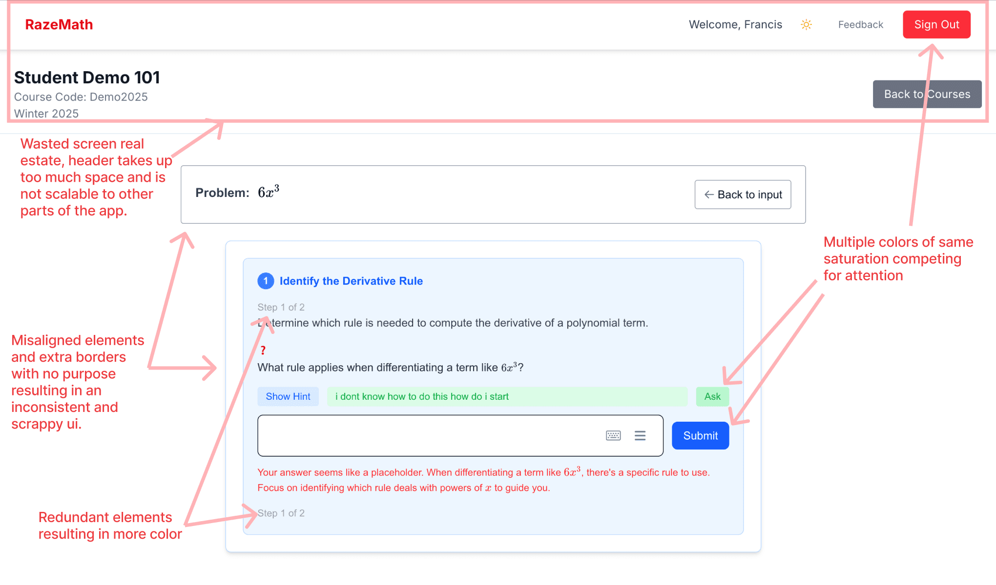 RazeMath's original tutoring screen, annotated with points of friction