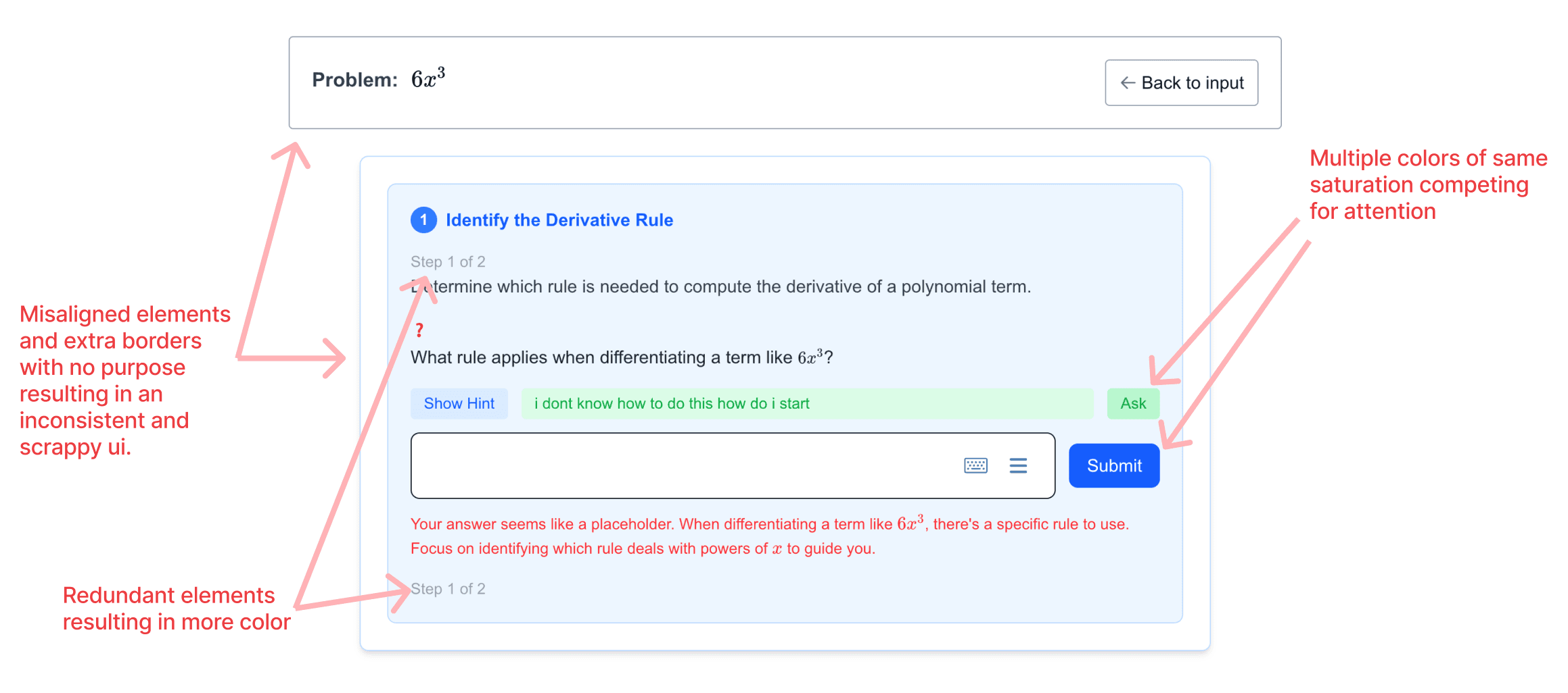 RazeMath's initial tutoring UI, annotated