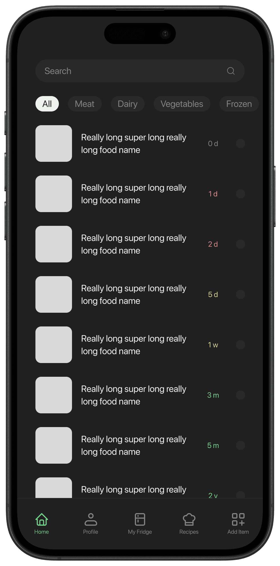 The first inventory list, with placeholder items